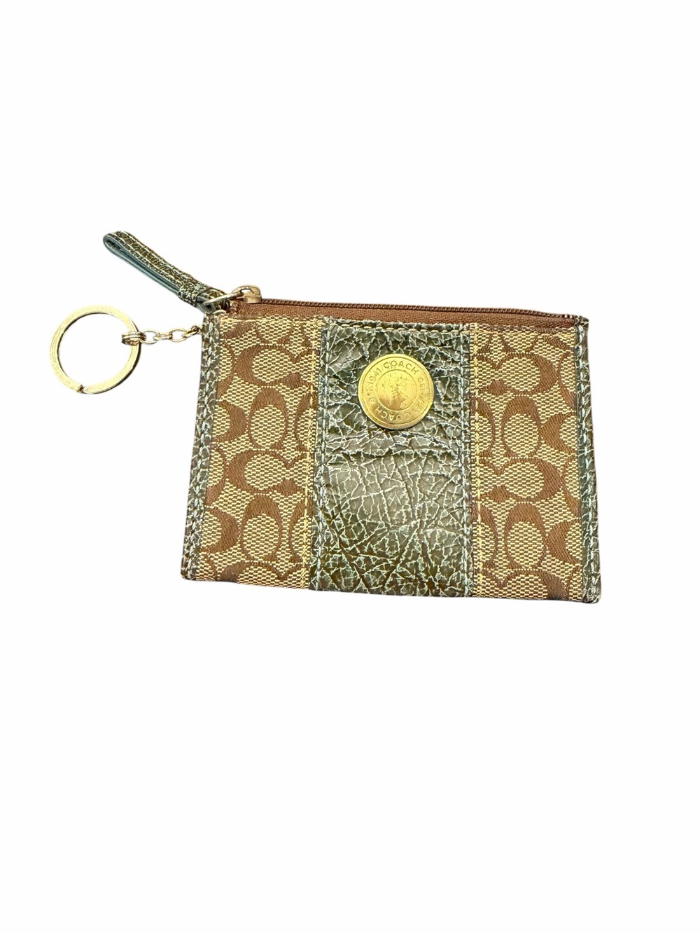 Vintage Coach Signature Key Coin Pouch Key Ring Brown Monogram Canvas Stripe
